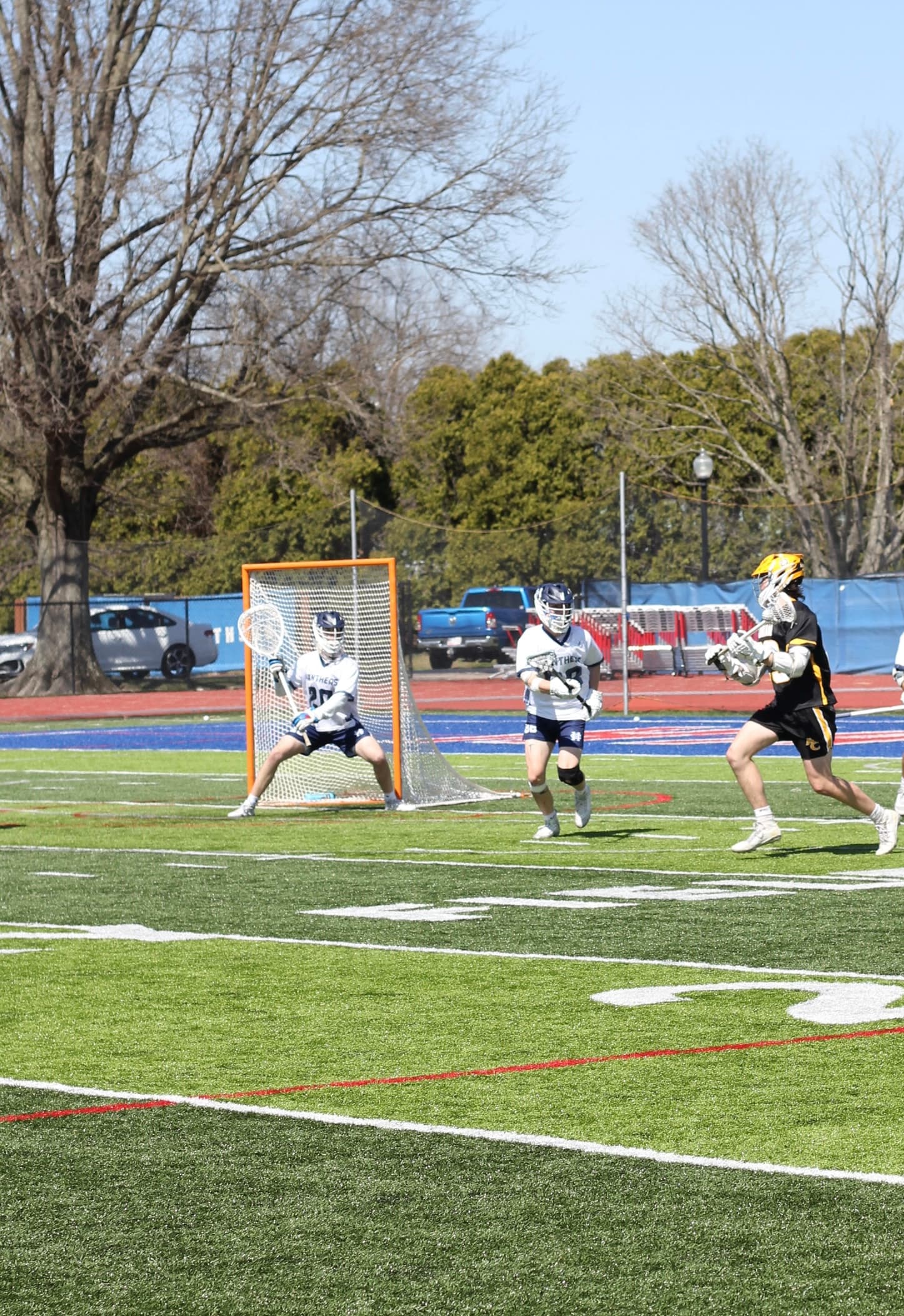 Lacrosse goalie set in the crease during game action